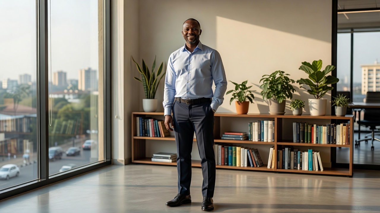 Dr. James Muwanga, Co-Founder and Lead Coach of Inspire Growth Solutions, in a professional coaching environment